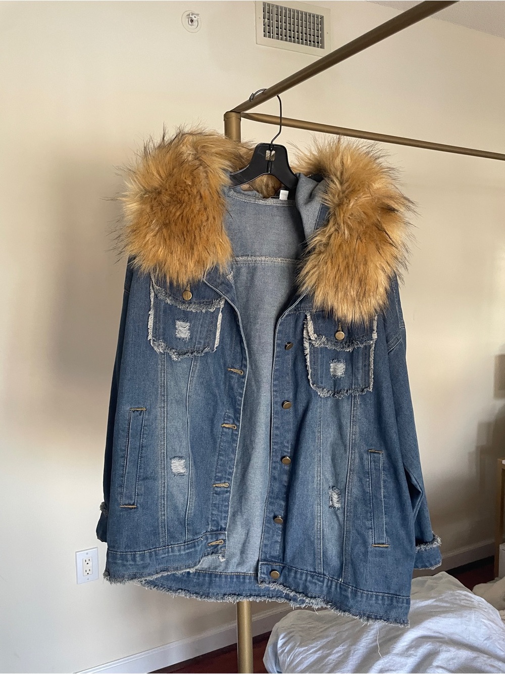 Denim Parka Jacket with Faux Fur Trim - Blue